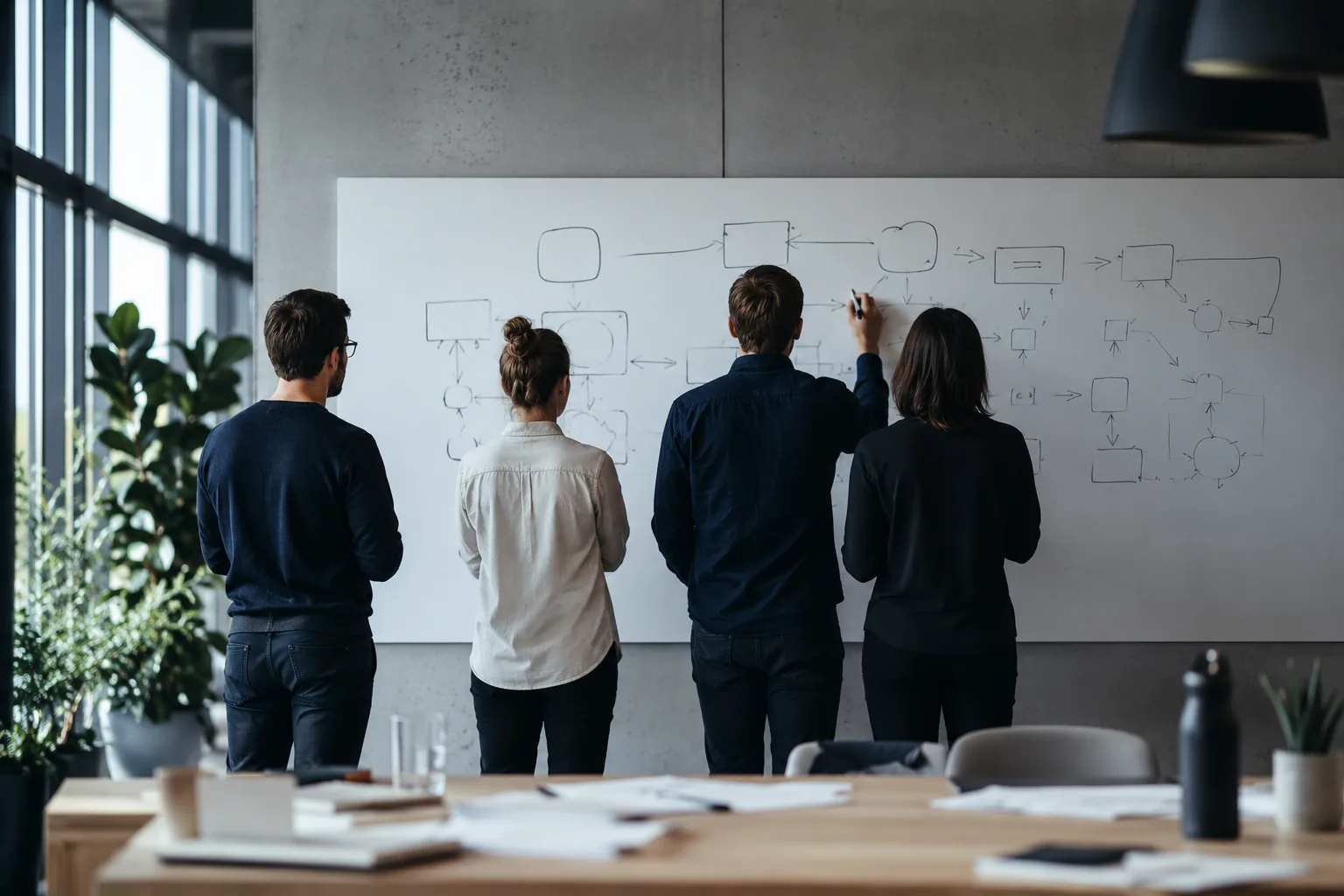 A team of four standing at a whiteboard covered in hand-drawn boxes and arrows.