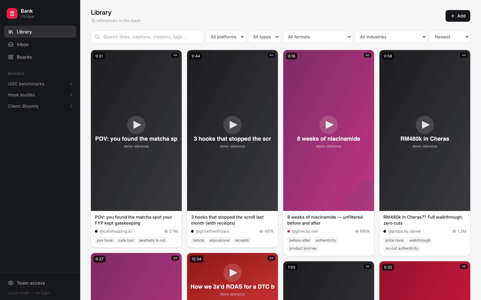 The Oblique Bank library showing saved links and files with search.